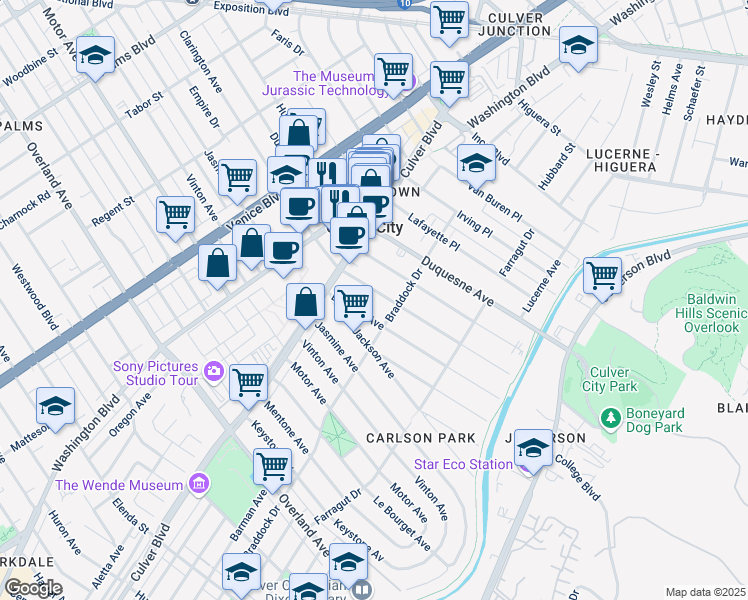 map of restaurants, bars, coffee shops, grocery stores, and more near 4055 Madison Avenue in Culver City