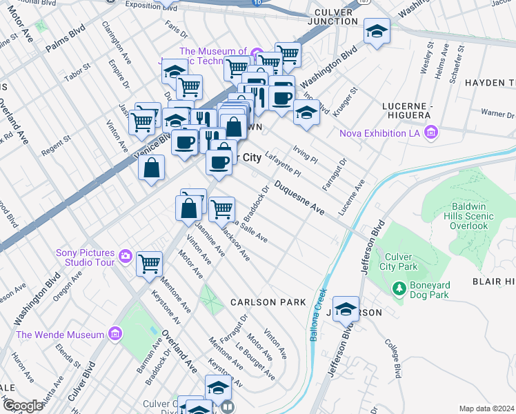 map of restaurants, bars, coffee shops, grocery stores, and more near 4104 Madison Avenue in Culver City