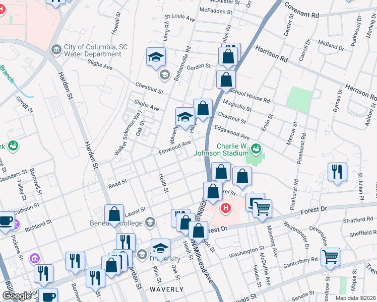 map of restaurants, bars, coffee shops, grocery stores, and more near 2008 Willis Street in Columbia
