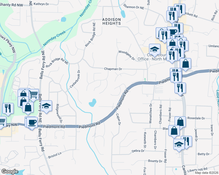 map of restaurants, bars, coffee shops, grocery stores, and more near 2841 Chapman Court in Marietta