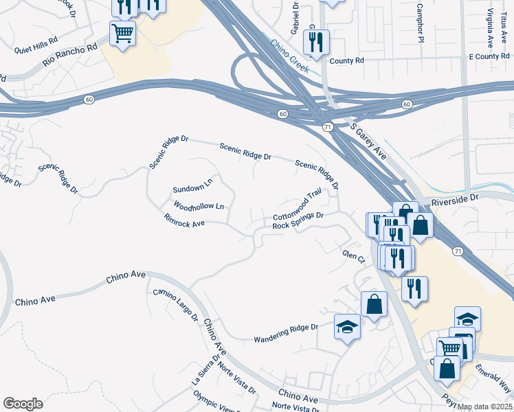 map of restaurants, bars, coffee shops, grocery stores, and more near 2545 Scenic Ridge Drive in Chino Hills