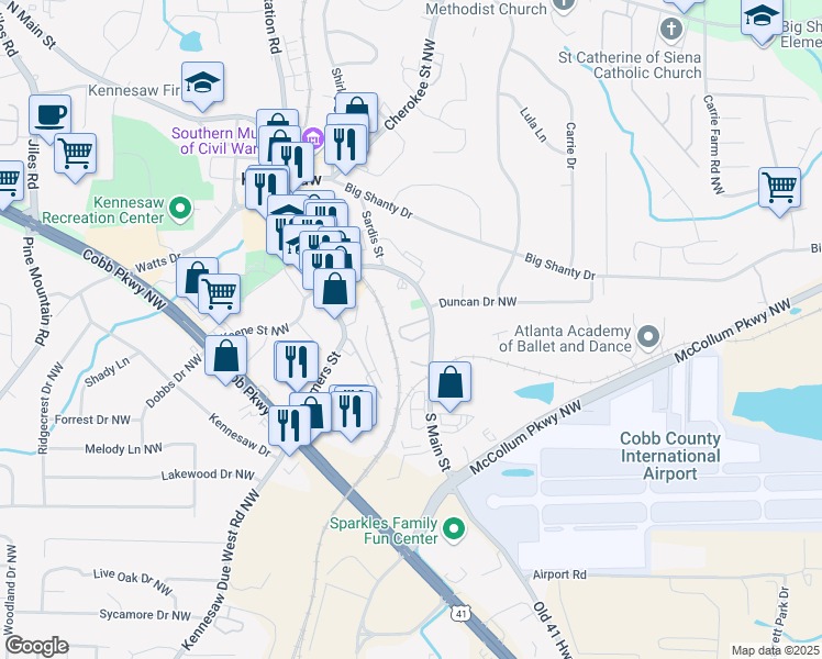map of restaurants, bars, coffee shops, grocery stores, and more near 2681 South Main Street in Kennesaw