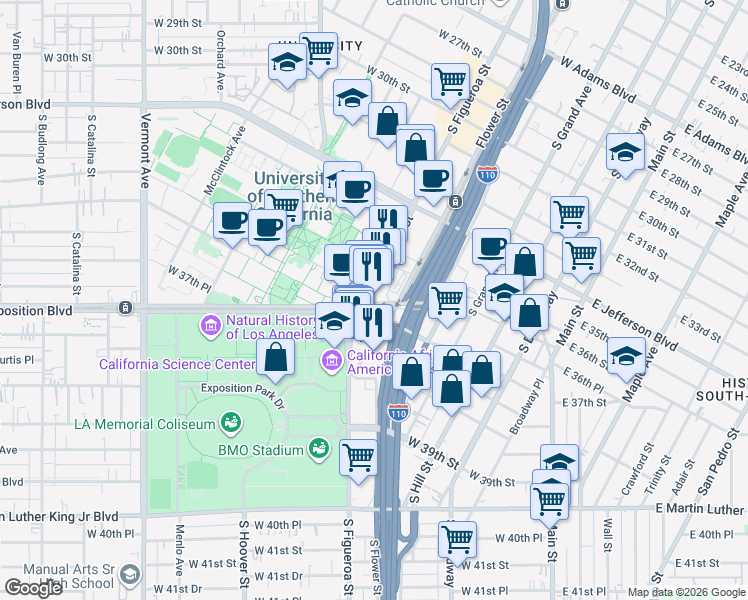 map of restaurants, bars, coffee shops, grocery stores, and more near 3584 South Figueroa Street in Los Angeles
