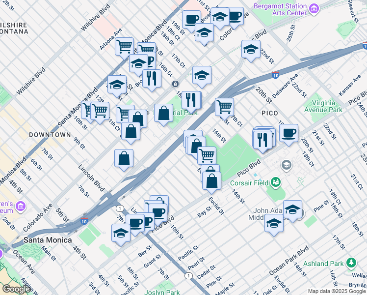 map of restaurants, bars, coffee shops, grocery stores, and more near in Santa Monica