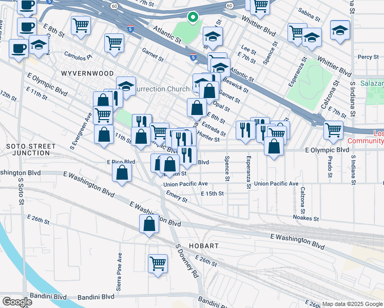 map of restaurants, bars, coffee shops, grocery stores, and more near in Los Angeles