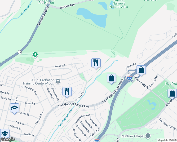 map of restaurants, bars, coffee shops, grocery stores, and more near 3210 Sandoval Avenue in Pico Rivera
