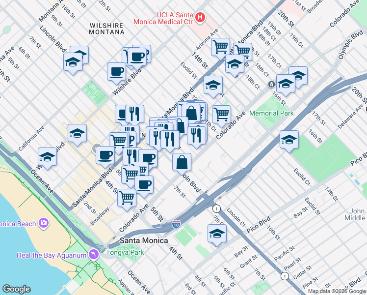 map of restaurants, bars, coffee shops, grocery stores, and more near 1519 9th Street in Santa Monica