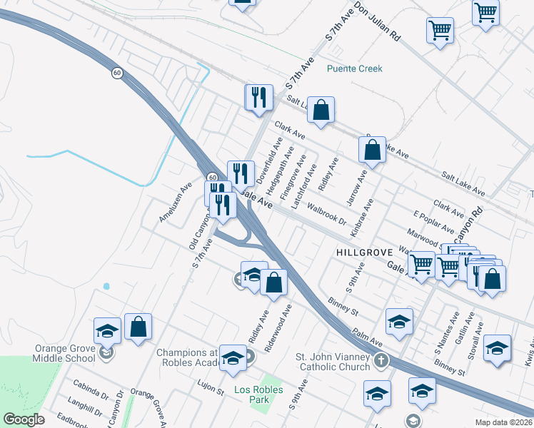 map of restaurants, bars, coffee shops, grocery stores, and more near 1102 Finegrove Avenue in Hacienda Heights