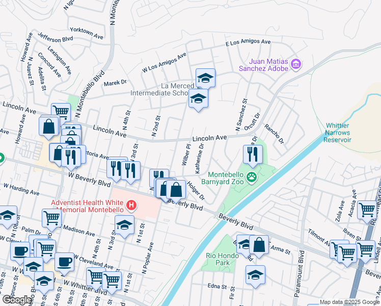 map of restaurants, bars, coffee shops, grocery stores, and more near 640 Wilber Place in Montebello