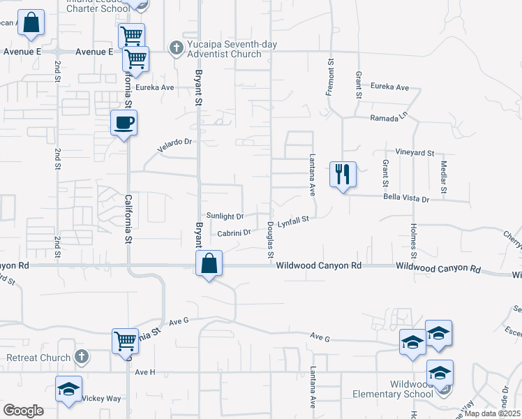 map of restaurants, bars, coffee shops, grocery stores, and more near 12951 Cascade Street in Yucaipa