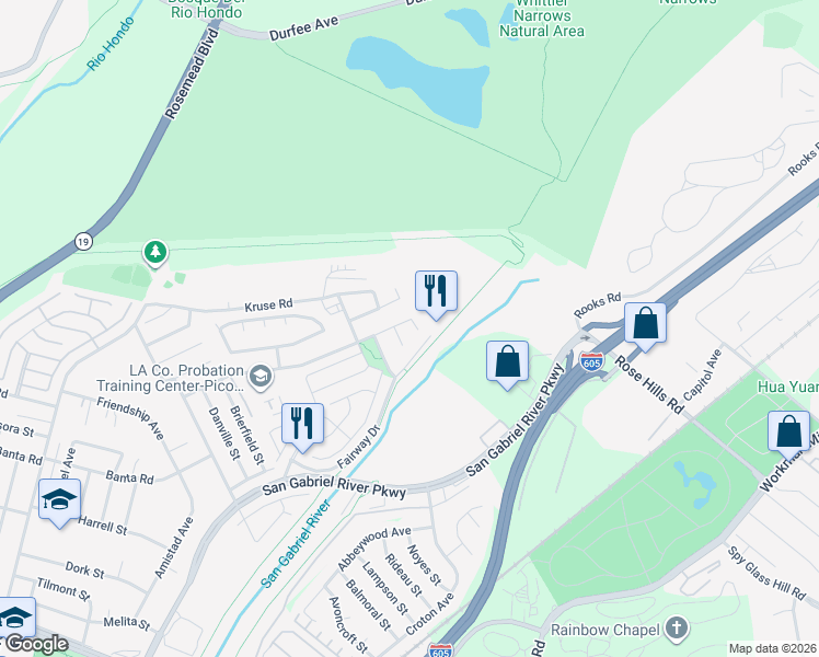 map of restaurants, bars, coffee shops, grocery stores, and more near 3210 Sandoval Avenue in Pico Rivera