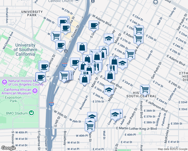 map of restaurants, bars, coffee shops, grocery stores, and more near 100 West Jefferson Boulevard in Los Angeles