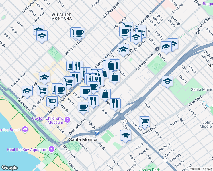 map of restaurants, bars, coffee shops, grocery stores, and more near 1519 9th Street in Santa Monica