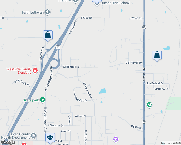 map of restaurants, bars, coffee shops, grocery stores, and more near 905 Brookside Drive in Durant