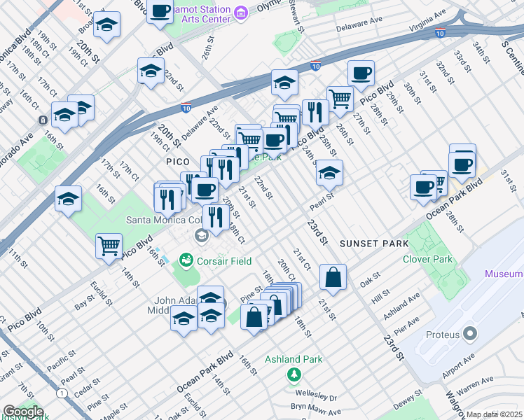 map of restaurants, bars, coffee shops, grocery stores, and more near 2233 21st Street in Santa Monica