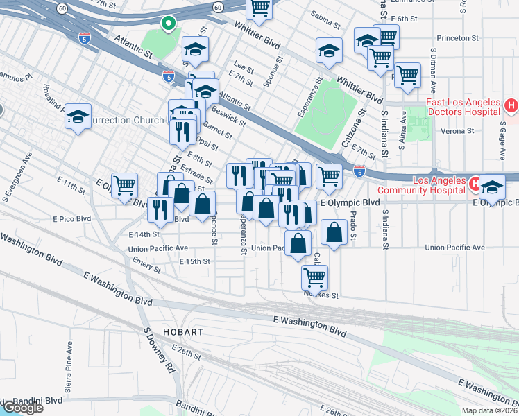 map of restaurants, bars, coffee shops, grocery stores, and more near 3624 East Olympic Boulevard in Los Angeles