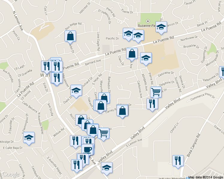 map of restaurants, bars, coffee shops, grocery stores, and more near 238 Barbados Drive in Walnut