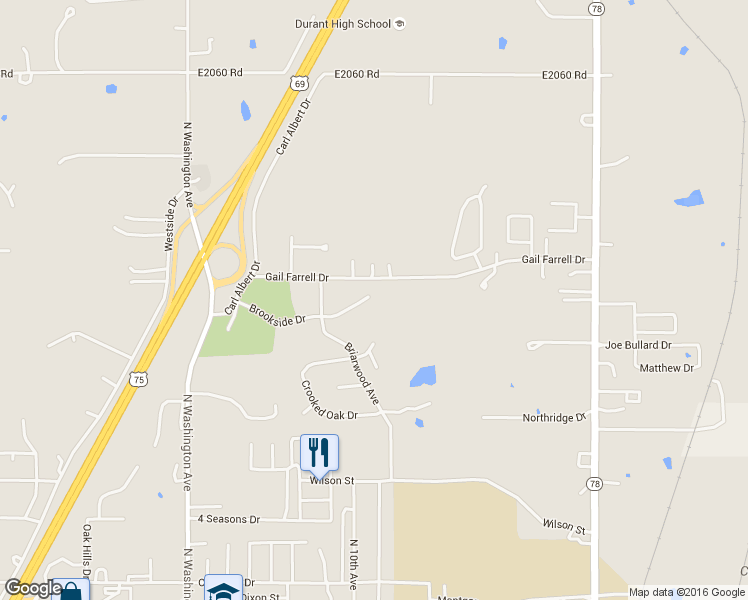 map of restaurants, bars, coffee shops, grocery stores, and more near 905 Brookside Drive in Durant