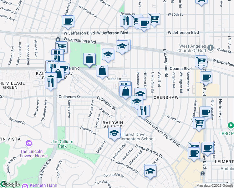 map of restaurants, bars, coffee shops, grocery stores, and more near 4565 West Martin Luther King in Los Angeles