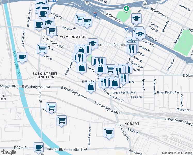 map of restaurants, bars, coffee shops, grocery stores, and more near 1451 South Grande Vista Avenue in Los Angeles