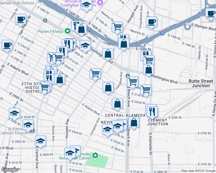map of restaurants, bars, coffee shops, grocery stores, and more near 1554 East 21st Street in Los Angeles