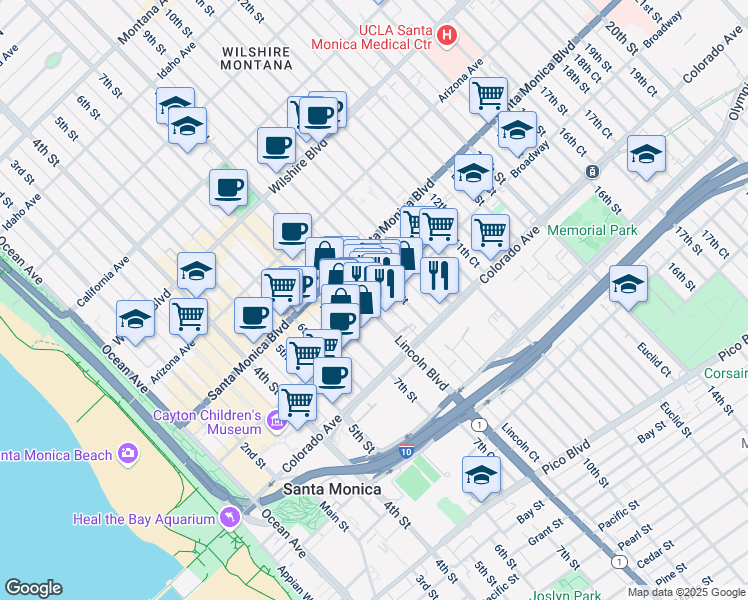 map of restaurants, bars, coffee shops, grocery stores, and more near 1447 Lincoln Boulevard in Santa Monica