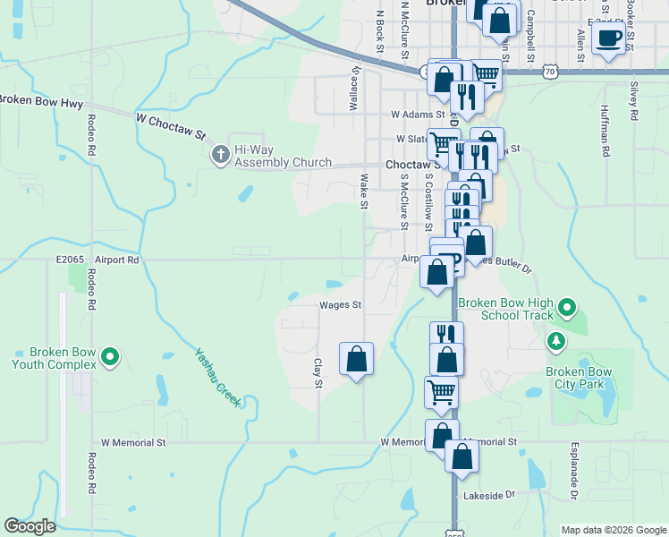 map of restaurants, bars, coffee shops, grocery stores, and more near 407 Airport Road in Broken Bow