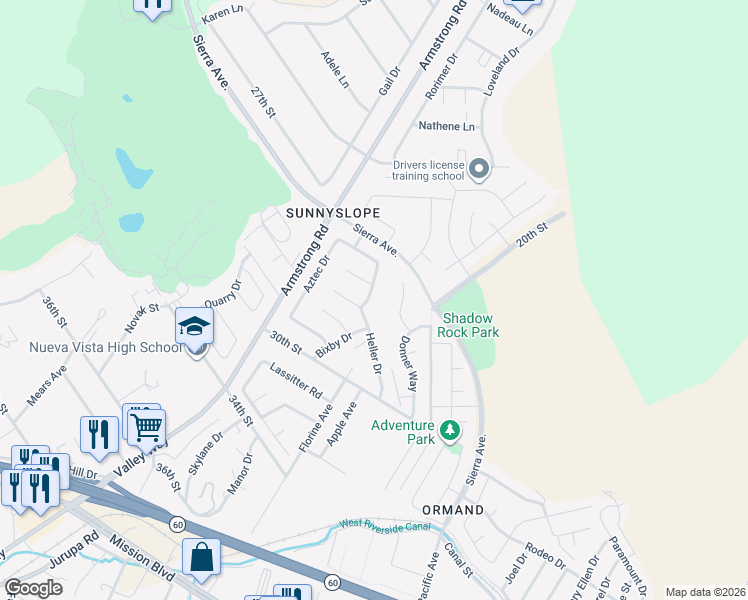 map of restaurants, bars, coffee shops, grocery stores, and more near 2796 Shiells Avenue in Riverside