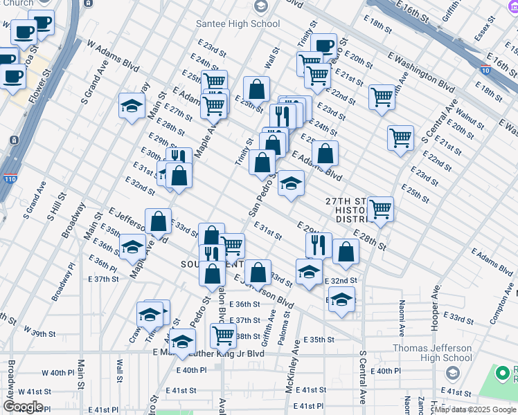 map of restaurants, bars, coffee shops, grocery stores, and more near 2908 San Pedro Street in Los Angeles