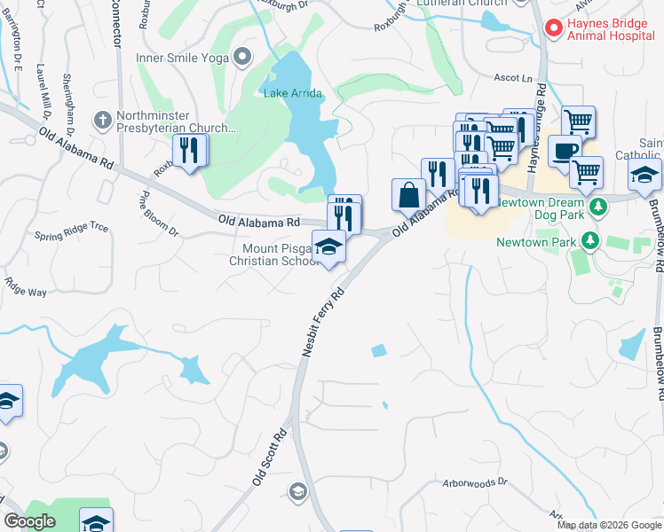 map of restaurants, bars, coffee shops, grocery stores, and more near 9820 Nesbit Ferry Road in Alpharetta