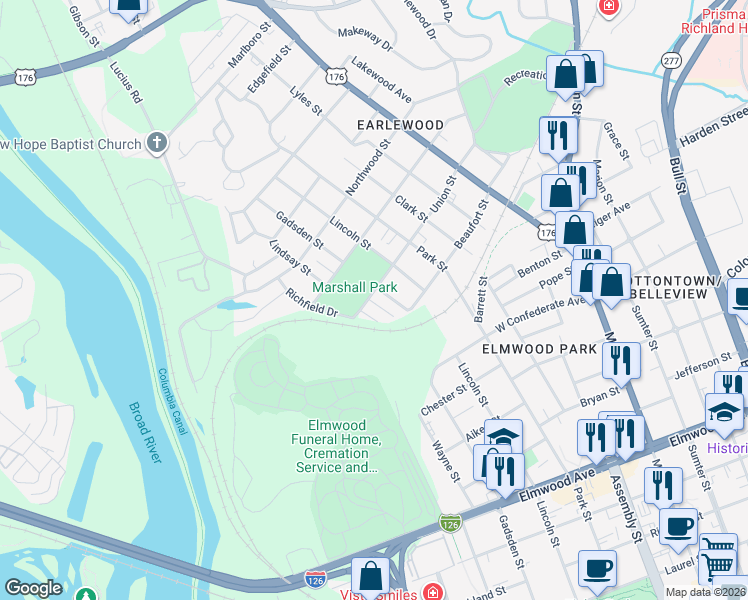 map of restaurants, bars, coffee shops, grocery stores, and more near 608 Union Street in Columbia