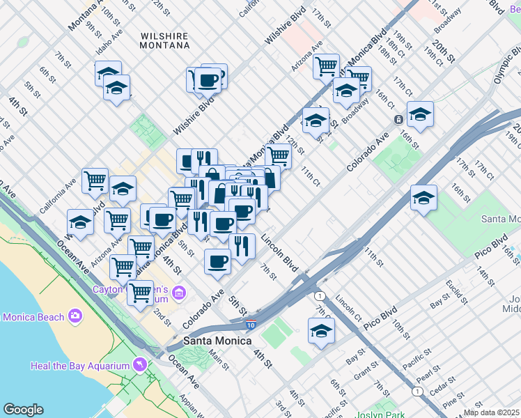 map of restaurants, bars, coffee shops, grocery stores, and more near 1447 Lincoln Boulevard in Santa Monica