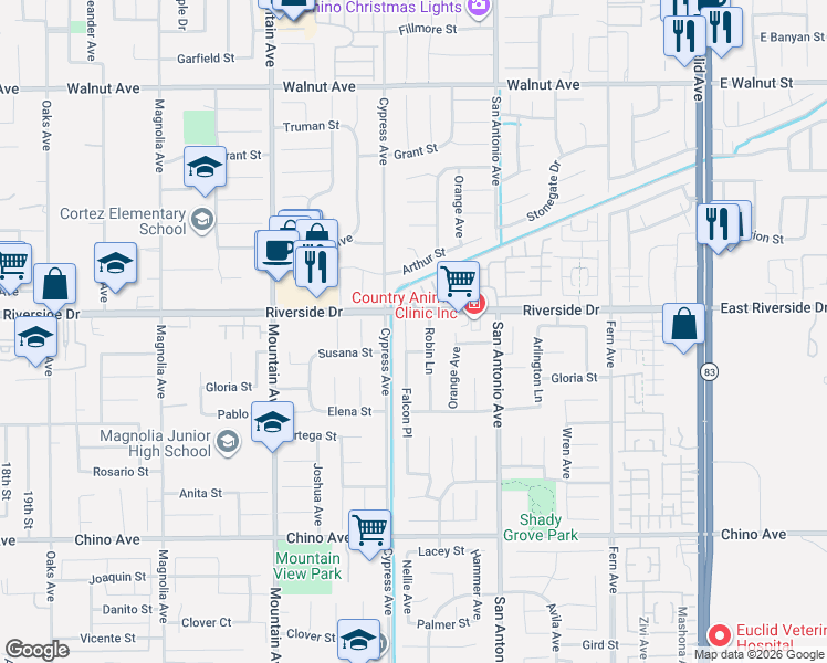 map of restaurants, bars, coffee shops, grocery stores, and more near 12946 Robin Lane in Chino