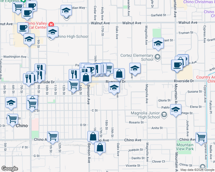 map of restaurants, bars, coffee shops, grocery stores, and more near 5819 Riverside Drive in Chino