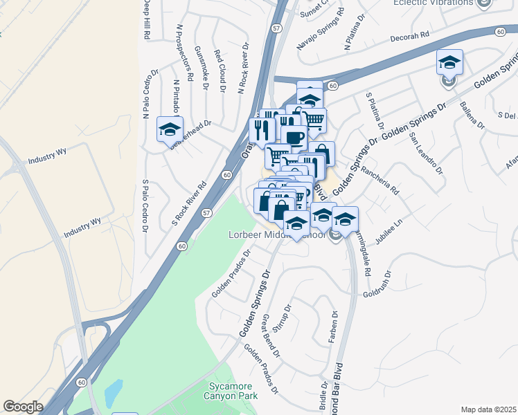 map of restaurants, bars, coffee shops, grocery stores, and more near 314 South Prospectors Road in Diamond Bar