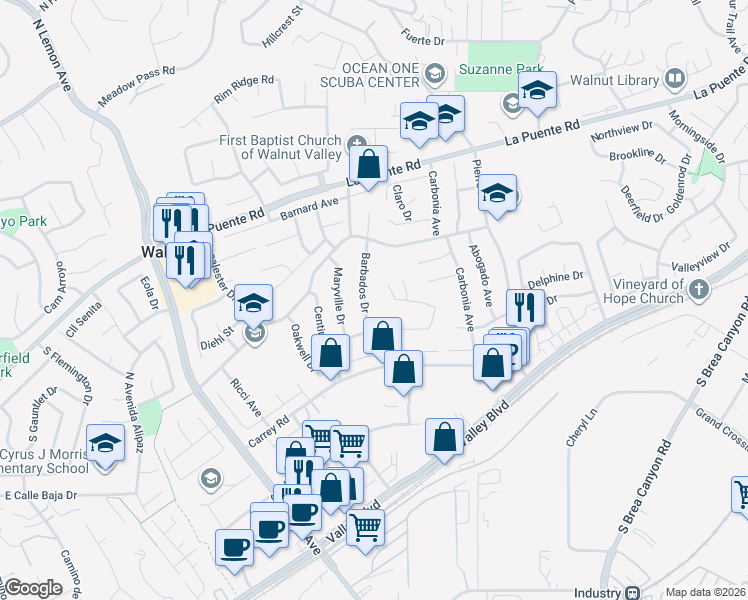 map of restaurants, bars, coffee shops, grocery stores, and more near 238 Barbados Drive in Walnut