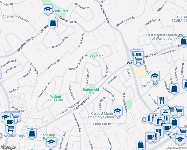 map of restaurants, bars, coffee shops, grocery stores, and more near 426 Calle Borrego in Walnut