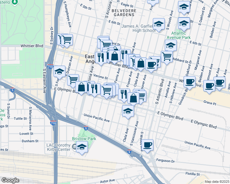map of restaurants, bars, coffee shops, grocery stores, and more near 1116 South Ferris Avenue in East Los Angeles