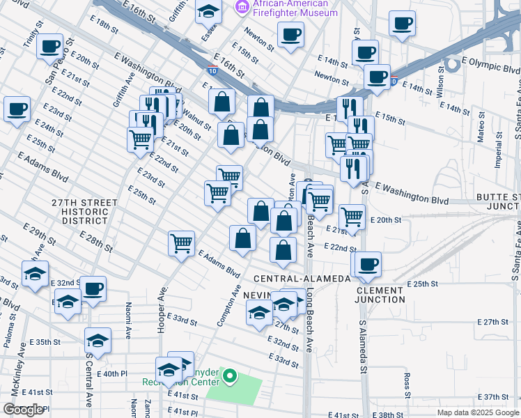 map of restaurants, bars, coffee shops, grocery stores, and more near 1547 East 22nd Street in Los Angeles