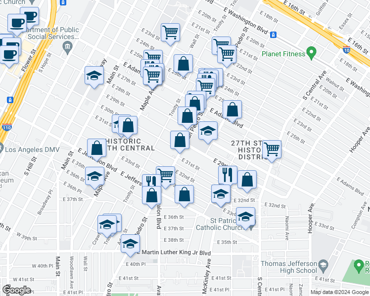 map of restaurants, bars, coffee shops, grocery stores, and more near 2906 San Pedro Street in Los Angeles