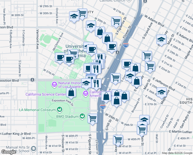 map of restaurants, bars, coffee shops, grocery stores, and more near 431 West Exposition Boulevard in Los Angeles