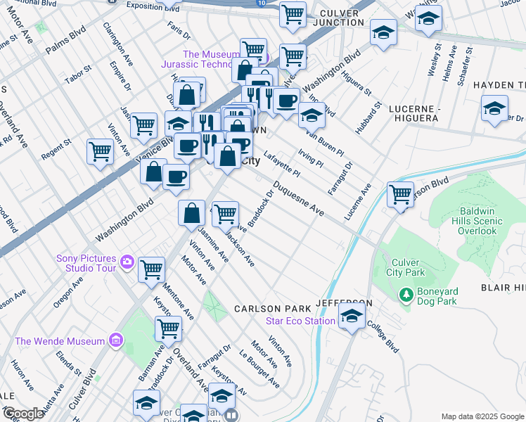 map of restaurants, bars, coffee shops, grocery stores, and more near in Culver City
