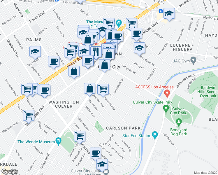map of restaurants, bars, coffee shops, grocery stores, and more near 4055 Madison Avenue in Culver City