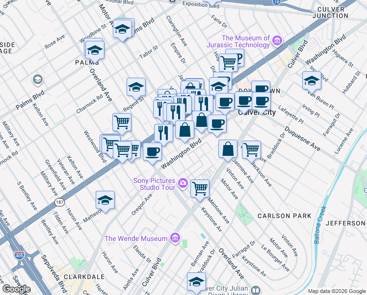 map of restaurants, bars, coffee shops, grocery stores, and more near in Los Angeles