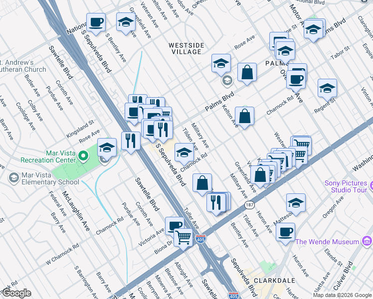 map of restaurants, bars, coffee shops, grocery stores, and more near 3565 Tilden Avenue in Los Angeles