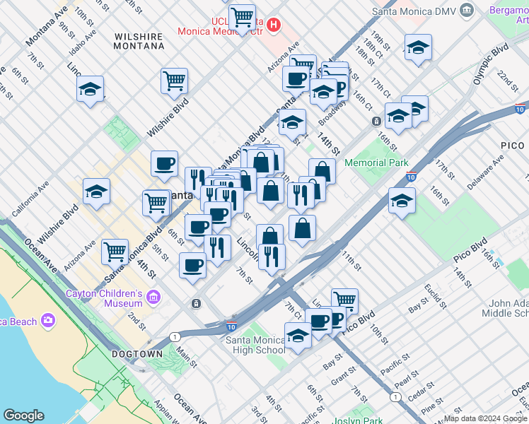 map of restaurants, bars, coffee shops, grocery stores, and more near 1001 Colorado Avenue in Santa Monica