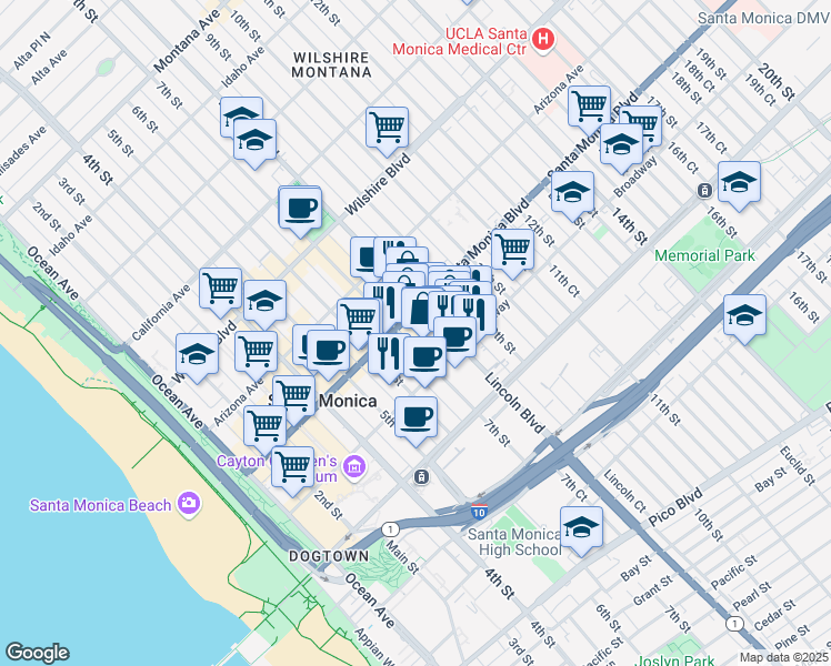 map of restaurants, bars, coffee shops, grocery stores, and more near 1432 Lincoln Boulevard in Santa Monica