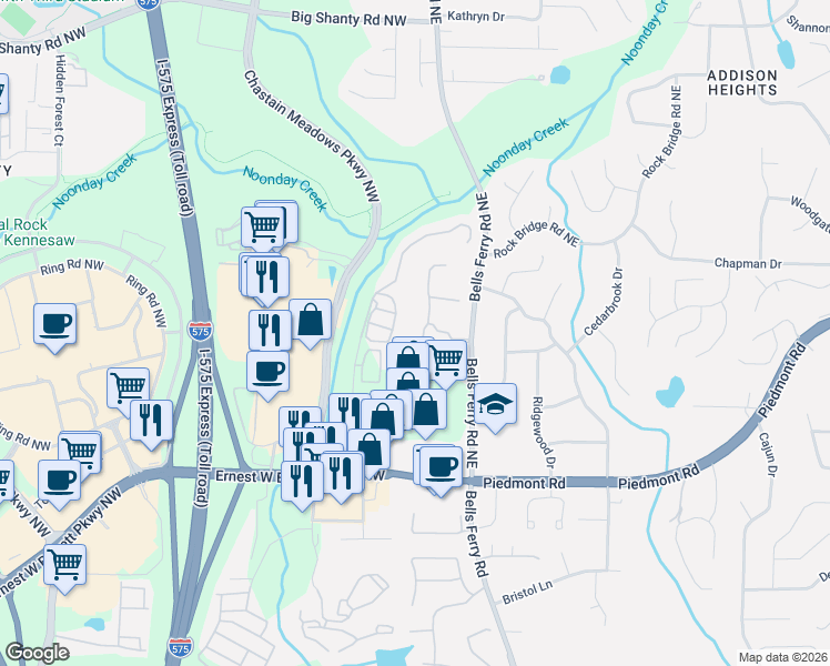 map of restaurants, bars, coffee shops, grocery stores, and more near 10 Hardpan Alley in Marietta