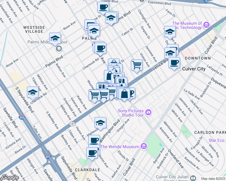 map of restaurants, bars, coffee shops, grocery stores, and more near 3780 Selby Avenue in Los Angeles