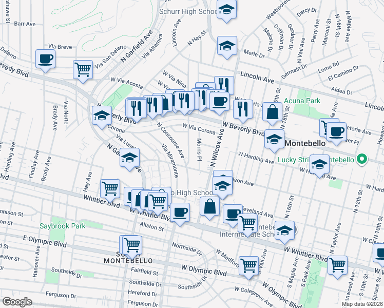 map of restaurants, bars, coffee shops, grocery stores, and more near 424 Via Val Verde in Montebello